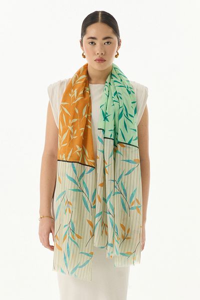 FENZA SCARF Şal din bumbac verde cu model de frunze de iederă