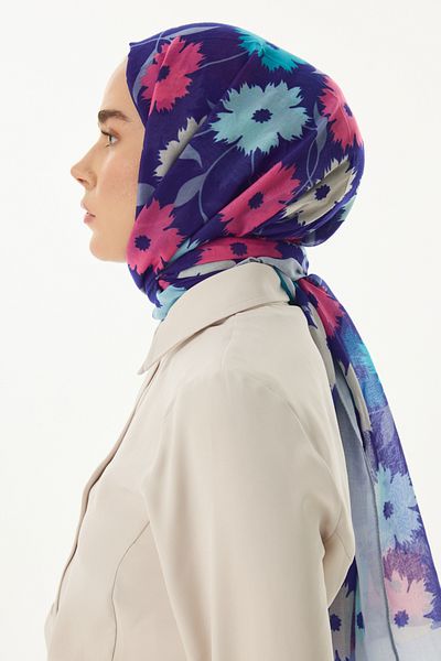 FENZA SCARF Σάλι με μοτίβο λουλουδιών Ella από βαμβακερό μπλε Navy Blue