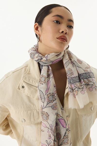 FENZA SCARF Βαμβακερό σάλι Lina Nine - Μοτίβο, Κρεμ-Ροζ