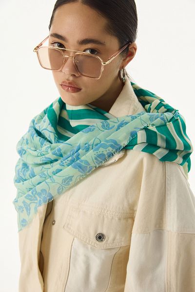 FENZA SCARF PAMELA șal din bumbac cu dungi verde apă