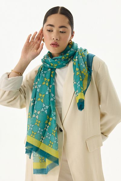 FENZA SCARF Şal din bumbac verde petrol - PERLA cu model