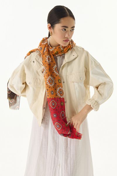 FENZA SCARF Βαμβακερό σάλι Ember Ethnic με καφέ-πορτοκαλί σχέδιο