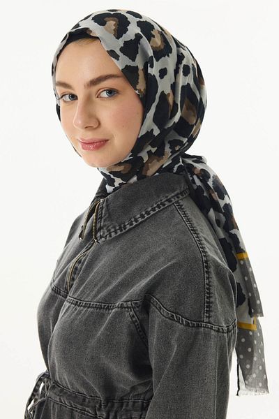 FENZA SCARF Dina - Πουά Λεοπάρ Σχέδιο Γκρι-Κίτρινο Βαμβακερό Σάλι