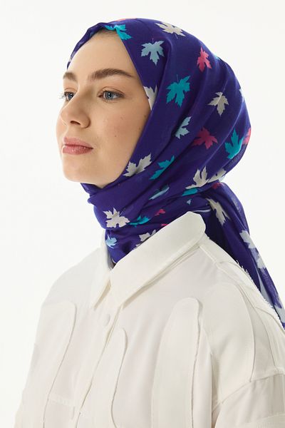 FENZA SCARF Zeta Saks Μπλε βαμβακερό σάλι - Μοτίβο με φύλλα