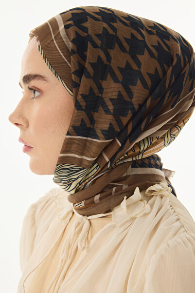 FENZA SCARF Brown Cotton Evie Houndstooth Patterned Shawl