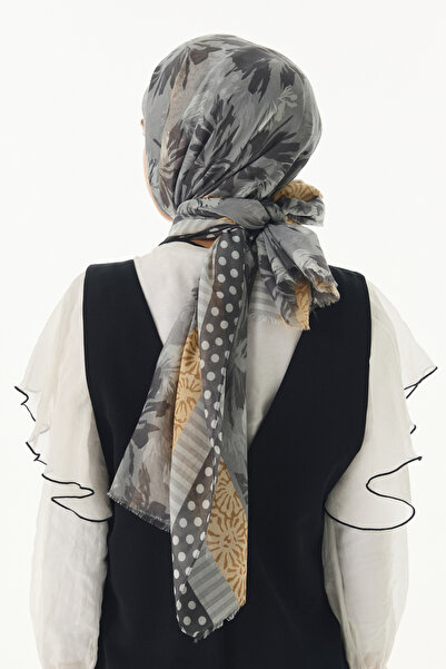 FENZA SCARF Σάλι GRACE Γκρι βαμβακερό με λουλουδάτο σχέδιο