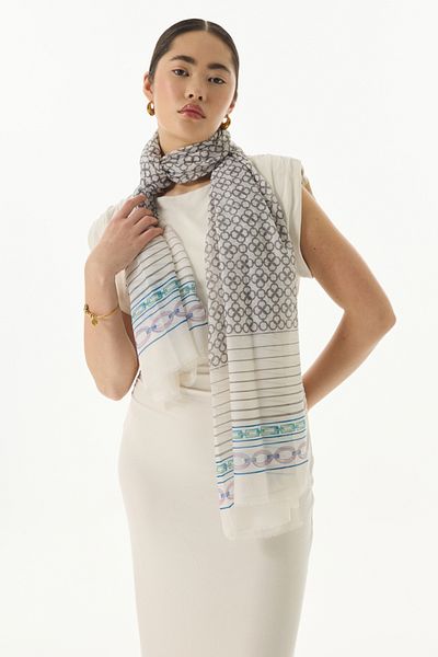 FENZA SCARF Ai̇da Geometric Pattern Ecru Cotton Wrap