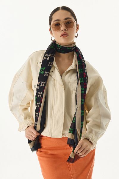 FENZA SCARF Black Cotton Perla Patterned Shawl