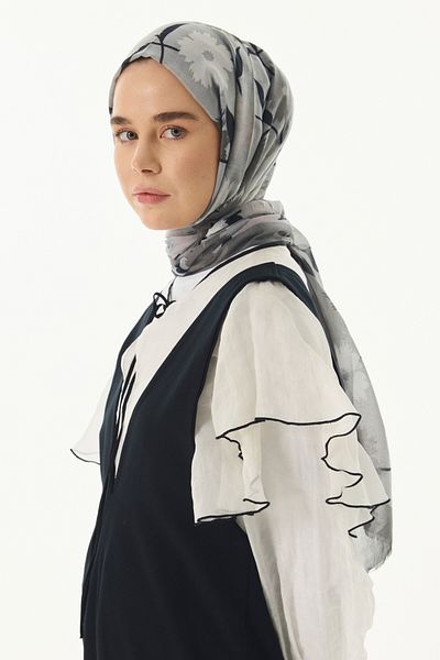FENZA SCARF Γκρι βαμβακερό Ella Floral σάλι