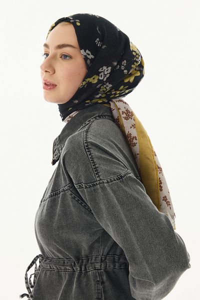FENZA SCARF Black Cotton LILA Floral Patterned Shawl