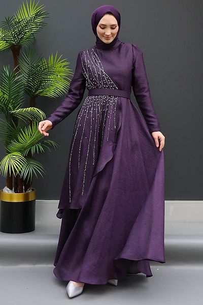 GİZ AGİYİM Asymmetric Stone Embroidered Dress Purple