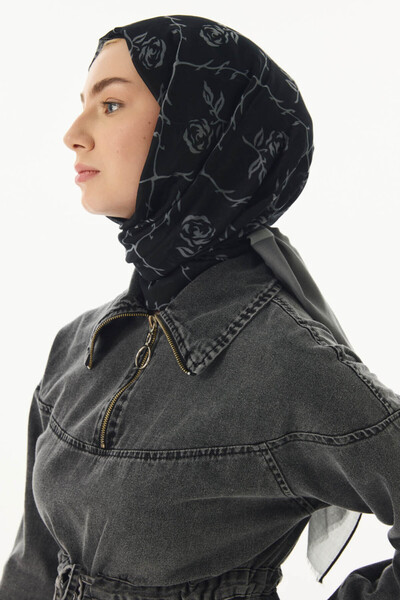 FENZA SCARF شال قطني أسود ورمادي بنمط وردة التوت