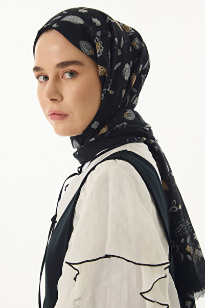 FENZA SCARF Lina Nine Cotton Μαύρο-Γκρι Σάλι - Με σχέδιο