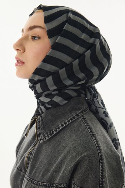 FENZA SCARF PAMELA Black Striped Ivy Patterned Cotton Shawl