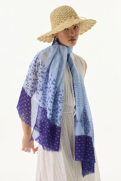 FENZA SCARF Şal din bumbac cu model etnic Mıra Baby Blue-Bleumarin