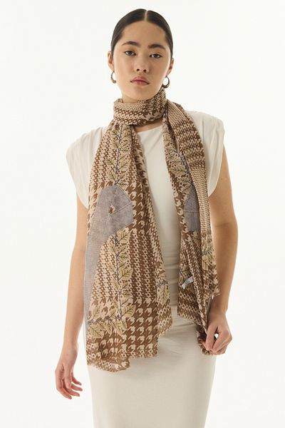 FENZA SCARF Beige-Mink Cotton Tulip Leaf Patterned Shawl