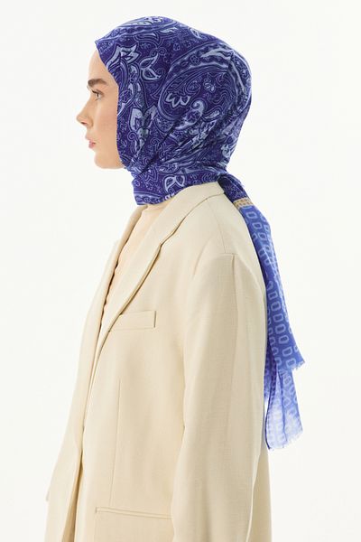 FENZA SCARF Mıla Etnic - șal din bumbac albastru cu model cutie