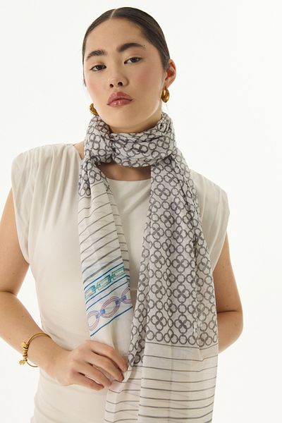 FENZA SCARF Ai̇da Geometric Pattern Ecru Cotton Wrap