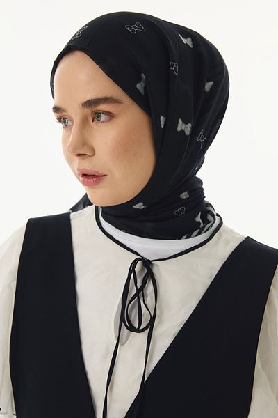 FENZA SCARF Şal din bumbac negru cu model Holly Bow