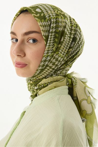 FENZA SCARF MAYA - Πράσινο βαμβακερό μίνι σάλι με μοτίβο καρδιάς