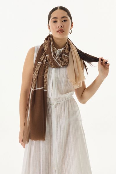 FENZA SCARF Σάλι SHAY Βαμβακερό με λουλουδάτο σχέδιο καφέ-μπεζ