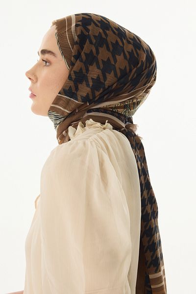 FENZA SCARF Καφέ βαμβακερό σάλι με μοτίβο Houndstooth Evie