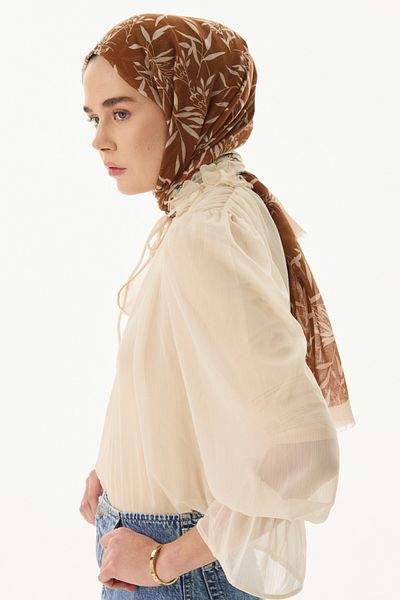 FENZA SCARF Σχέδιο με φύλλα ελιάς - Βαμβακερό σάλι μέντας κανέλας