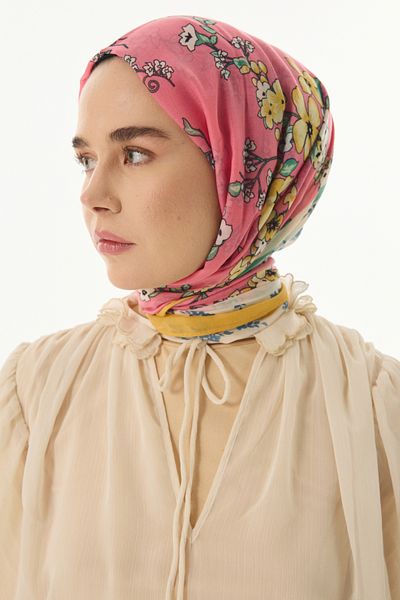 FENZA SCARF Σάλι με λουλουδάτο σχέδιο LILAC με ροζ βαμβακερό σχέδιο καραμέλας