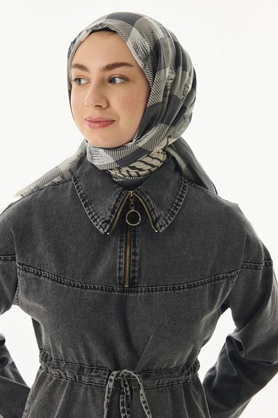 FENZA SCARF LULU Gray Cotton Cube Patterned Shawl