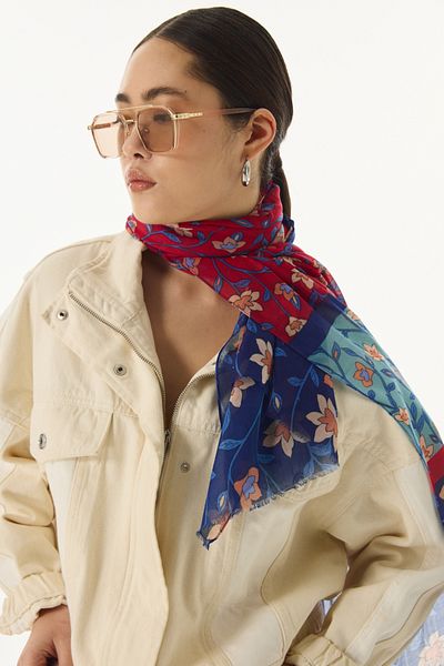 FENZA SCARF Şal din bumbac mentă-albastru închis - model flori de trandafir