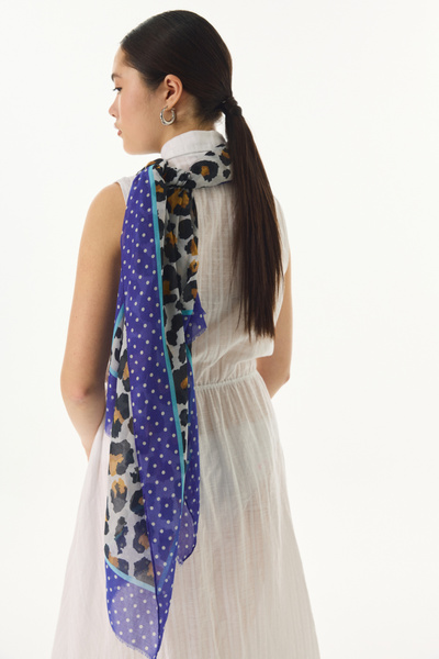 FENZA SCARF Dına Cotton Shawl - Polka Dot, Leopard Pattern, Grey-Sax Blue