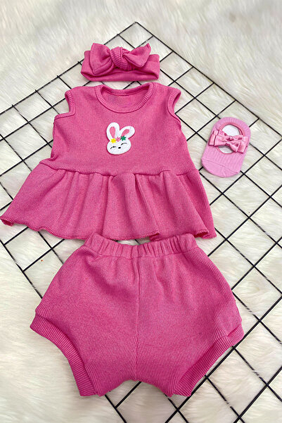 ADABEBEK New Season Mini Figured Bandana and Socks Accessory Ribbed Shorts Set