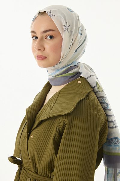 FENZA SCARF TERRA OCEAN Cotton Shawl - Pattern Cream-Green