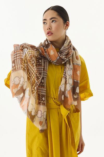 FENZA SCARF MAYA Mini - Καφέ βαμβακερό σάλι με μοτίβο καρδιάς