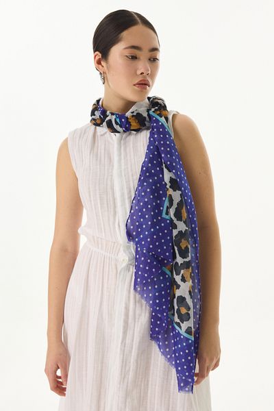 FENZA SCARF Dına Cotton Shawl - Polka Dot, Leopard Pattern, Grey-Sax Blue