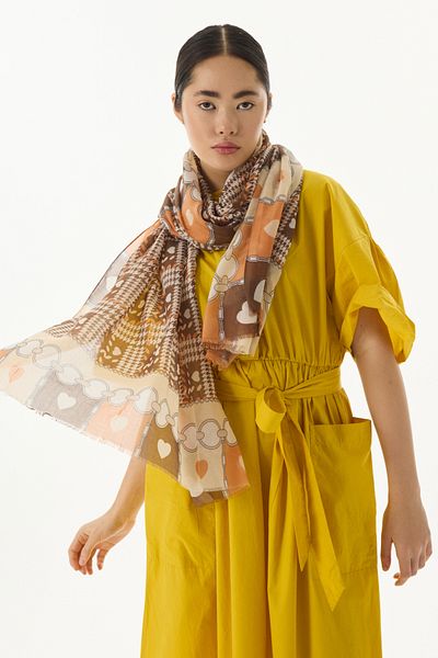 FENZA SCARF MAYA Mini - Καφέ βαμβακερό σάλι με μοτίβο καρδιάς