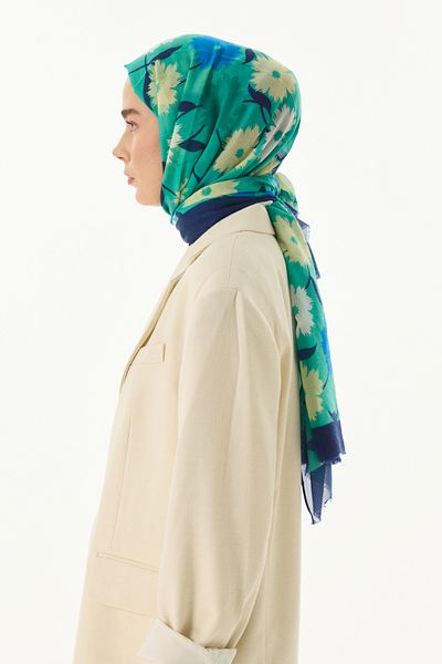 FENZA SCARF Πράσινο βαμβακερό σάλι Ella με λουλούδια