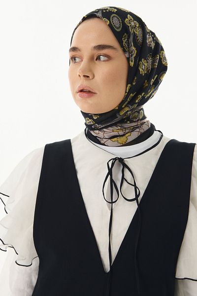 FENZA SCARF Şal din bumbac negru cu model Lotus Bow