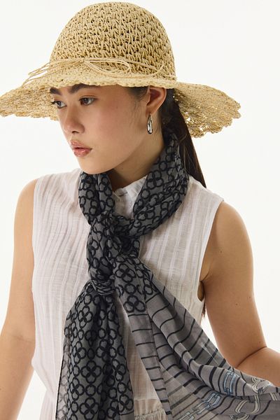FENZA SCARF Ai̇da Geometric Pattern Gray Cotton Wrap