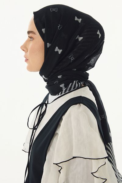 FENZA SCARF Şal din bumbac negru cu model Holly Bow