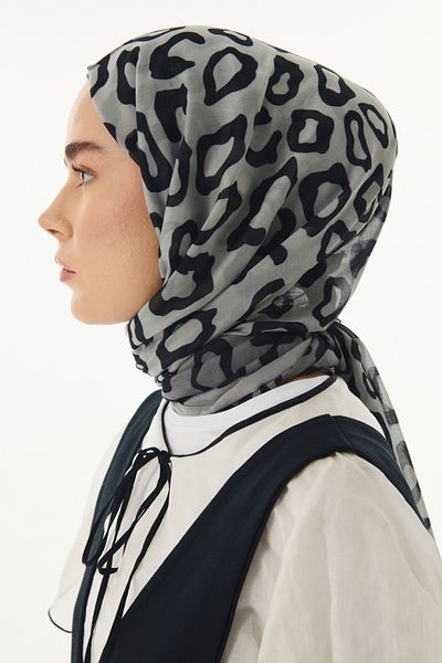 FENZA SCARF AMİRA - Γκρι-Αντρεζιτ Βαμβακερό Σάλι με Λεοπάρ σχέδιο