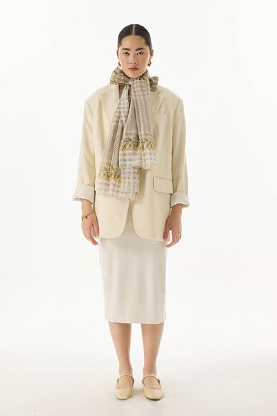 FENZA SCARF Μπεζ-κίτρινο βαμβακερό σάλι με μοτίβο τουλίπας