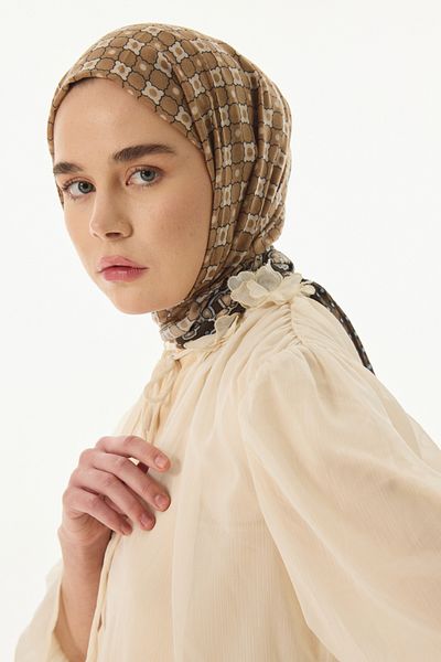 FENZA SCARF CAROL Καφέ βαμβακερό σάλι με γεωμετρικό σχέδιο
