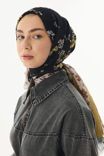 FENZA SCARF Black Cotton LILA Floral Patterned Shawl