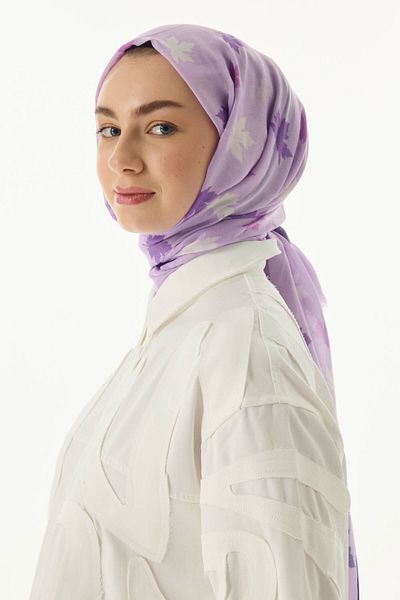 FENZA SCARF Σάλι Zeta Lilac με μοτίβο από βαμβακερά φύλλα