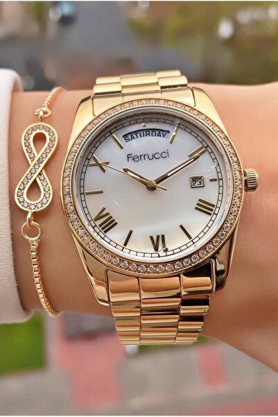 Ferrucci Marka Altın Renk Çelik Kordon 2 Yıl Garantili Kadın Kol Saati - Bileklik