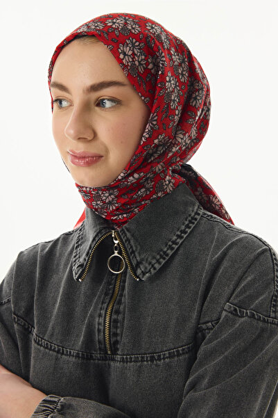 FENZA SCARF Red Cotton Daisy Flower Patterned Shawl