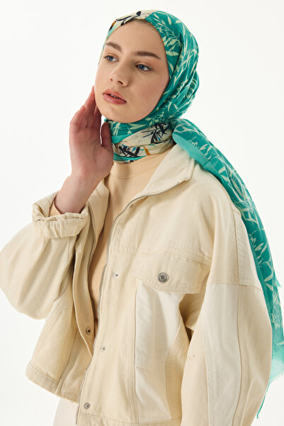 FENZA SCARF Turquoise-Cream Colored Zeyn Olive Leaf Patterned Cotton Shawl