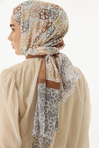 FENZA SCARF Κρεμ-Κανέλα Βαμβακερό Σάλι με Σχέδιο Αστεριού Sirius