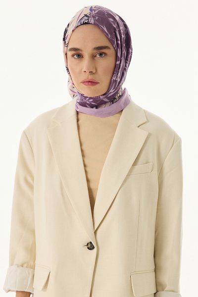 FENZA SCARF Olive Leaf Pattern - Purple-Cream Cotton Shawl